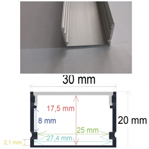 [GM00404] Perfil para tira led 220 voltios 20x30  2 metros tira